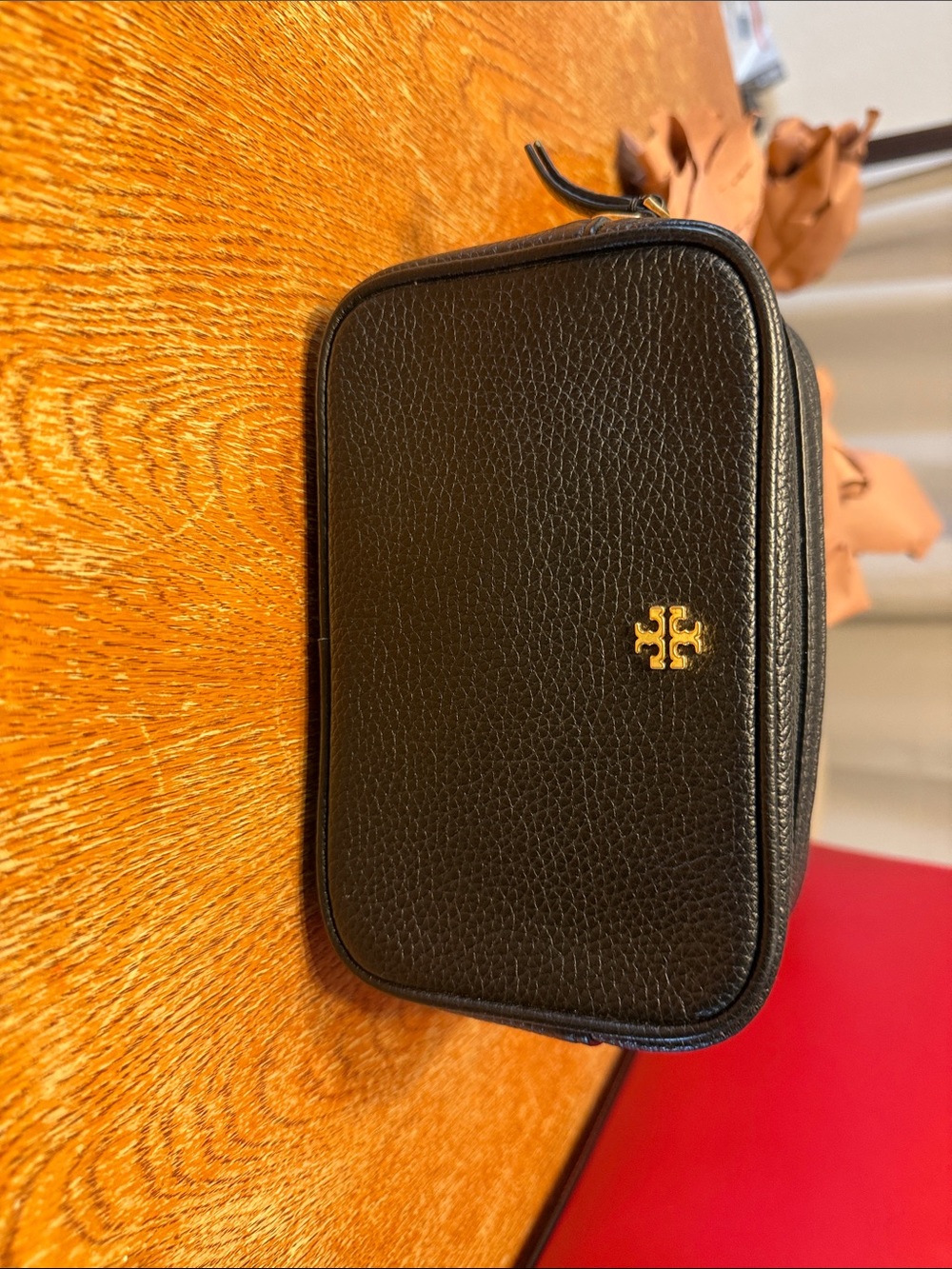 Tory Burch Black Pebbled Leather Pouch with Gold Logo